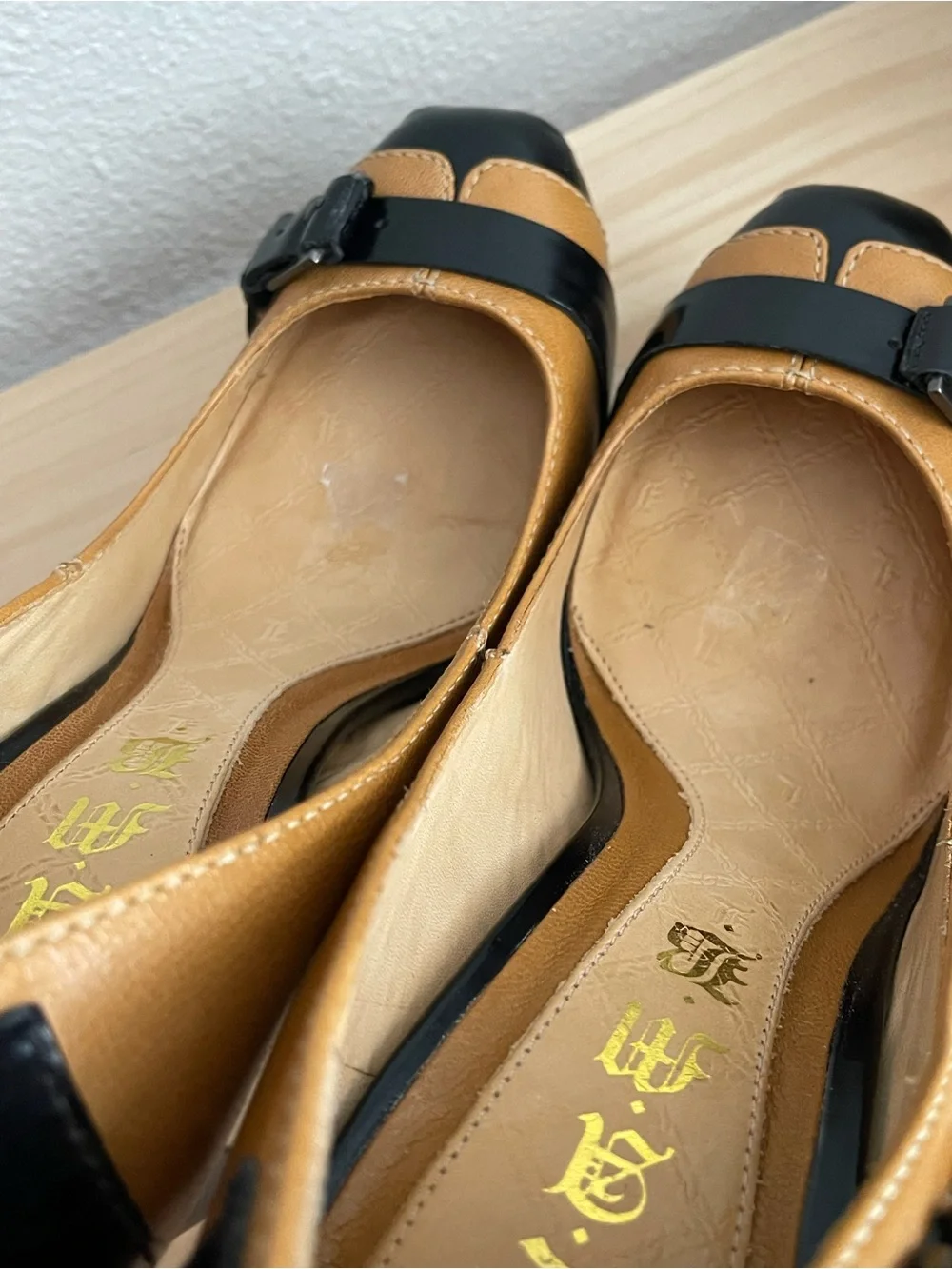 L.A.M.B. Tan and Black Patent Cap-Toe Stiletto Pumps